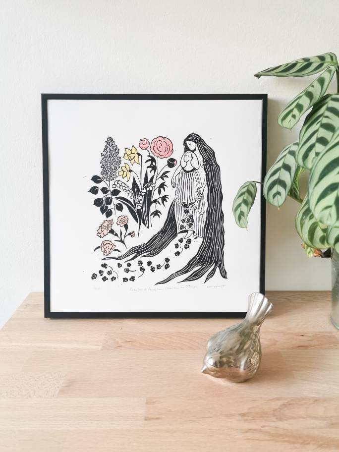 Illustration originale/linogravure shops - Amour d'hiver