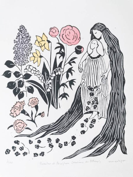 Déméter et Perséphone (Naissance du printemps) - linogravure originale